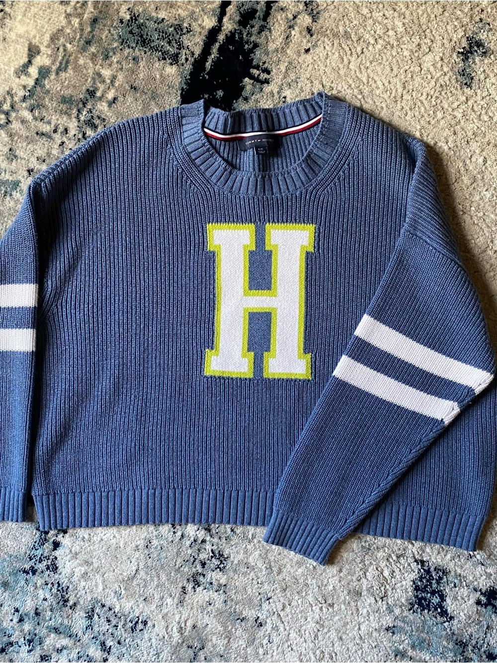 Tommy Hilfiger Navy Crewneck Sweater with Lime 'H'